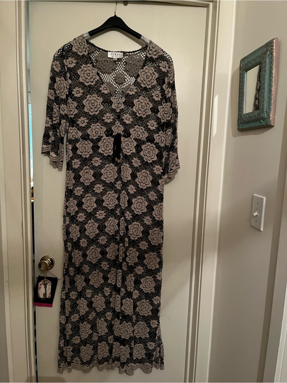 Nikki Crochet Floral Maxi Dress in Beige and Black, 2x